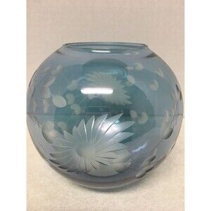 Vintage Etched Round Bowl/Vase Blue Floral Design 5" Diameter
